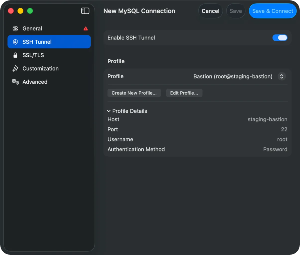 Dark mode new MySQL connection form on the SSH Tunnel tab, with a saved bastion profile selected.